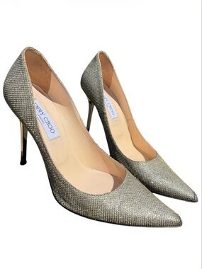 Jimmy Choo Metallic Champagne Coarse Glitter Fabric Pointy Toe Pumps 8.5 Elegant